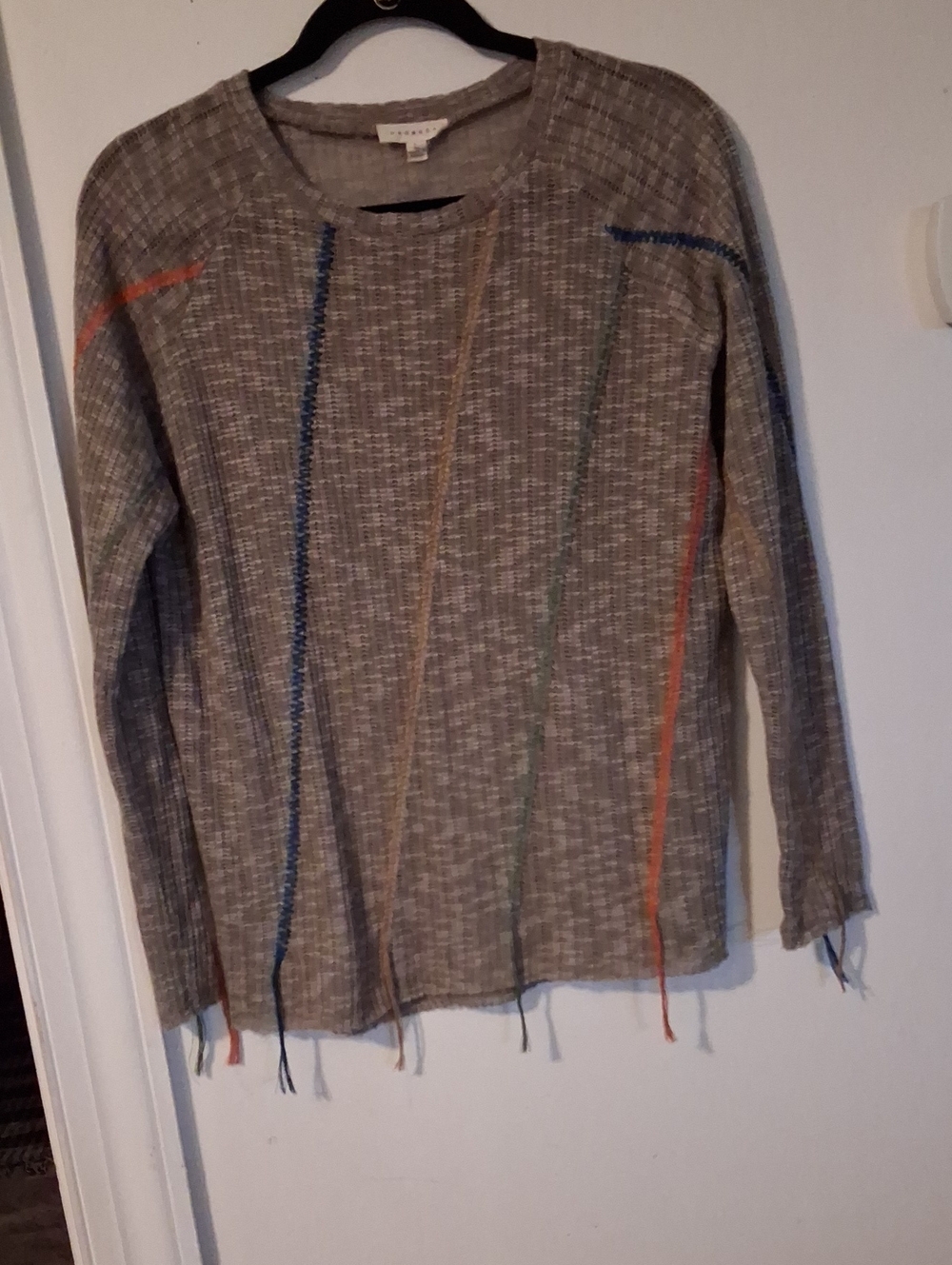 Promesa Gray Knit Crewneck with Colorful Vertical Stitching